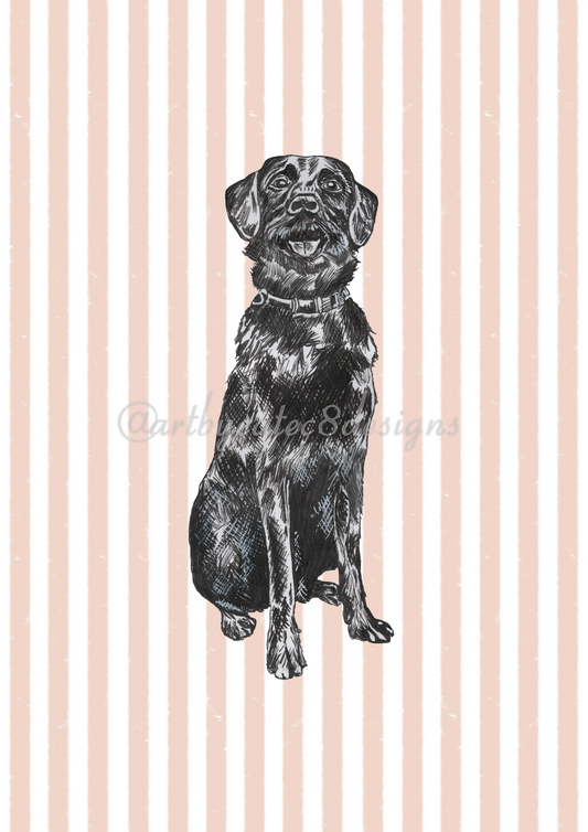 Watermarked - BLACK LABRADOR Ink Drawing Art Print
A black ink-style illustration of a sitting dog centered on a pale peach and white vertically striped background.