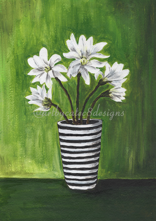 Watermarked - WHITE MAGNOLIA Watercolour Art Print 
art print depicting white flowers in a black and white striped vase against a textured green background
