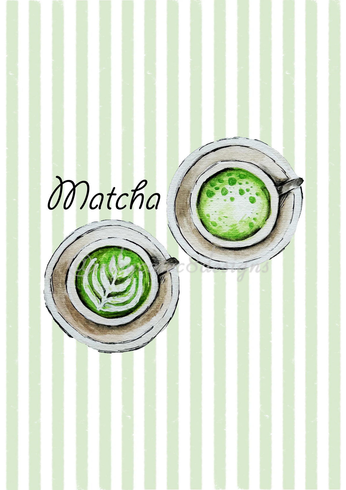  Watermarked. Watercolor illustration art print featuring a watercolour illustration of two matcha lattes viewed from above with latte art, set against a background of vertical pale green and white stripes, with the word 'Matcha' in black script. 