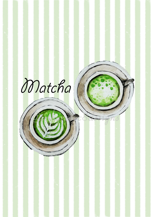 Watermarked. Watercolor illustration art print featuring a watercolour illustration of two matcha lattes viewed from above with latte art, set against a background of vertical pale green and white stripes, with the word 'Matcha' in black script. 