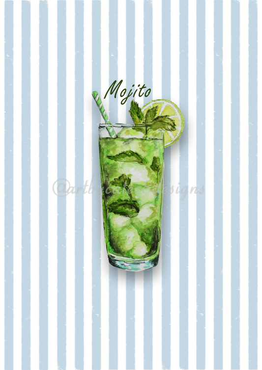 MOJITO - Blue Stripe: Watermarked - art print featuring a watercolour illustration of a mojito cocktail in a tall glass with mint leaves, ice and a lime wheel, set against a background of vertical pale blue and white stripes. 