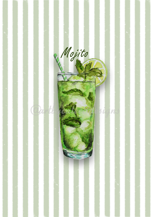 MOJITO - Green Stripe: Watermarked - art print featuring a watercolour illustration of a mojito cocktail in a tall glass with mint leaves, ice and a lime wheel, set against a background of vertical pale green and white stripes. 