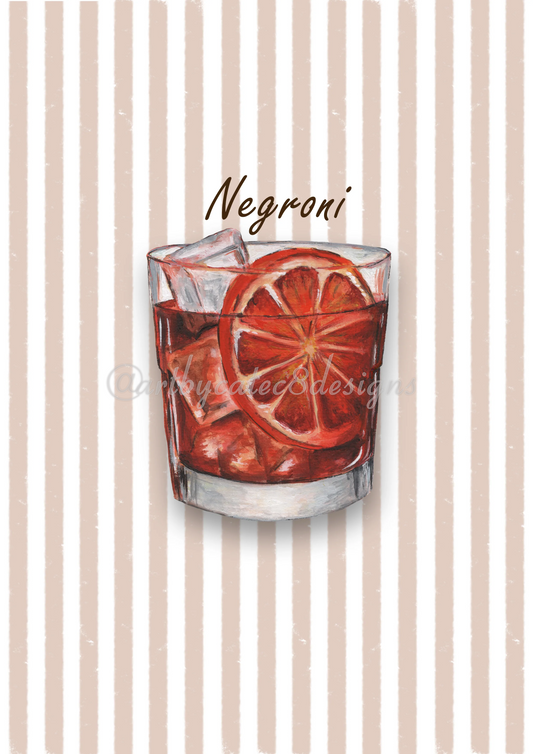 NEGRONI - Brown Stripe: Watermarked art print featuring a watercolour illustration of a Negroni cocktail in a tumbler glass with ice and an orange slice garnish, set against a background of vertical brown and white stripes.