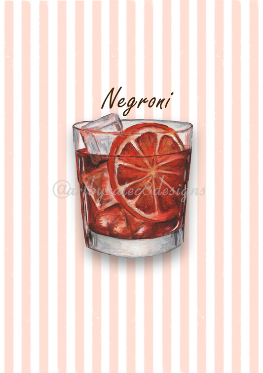NEGRONI - Brown Stripe: Watermarked art print featuring a watercolour illustration of a Negroni cocktail in a tumbler glass with ice and an orange slice garnish, set against a background of vertical coral and white stripes. 