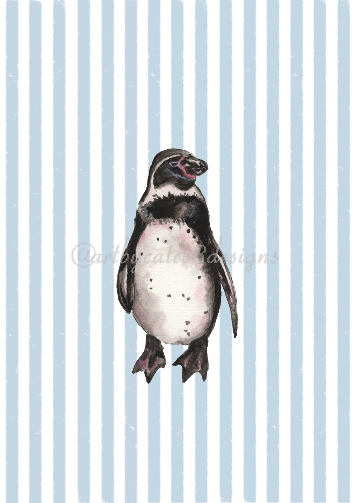 Watermarked - PENGUIN Watercolour Art Print - Blue Stripe
art print featuring a watercolour illustration of a penguin centered on a background of light blue and white vertical stripes