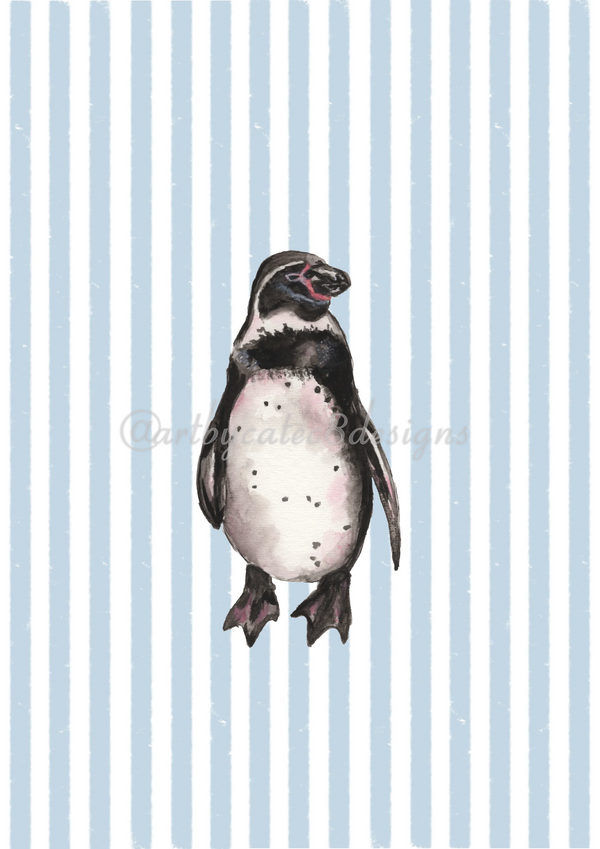Watermarked - PENGUIN Watercolour Art Print - Blue Stripe
art print featuring a watercolour illustration of a penguin centered on a background of light blue and white vertical stripes