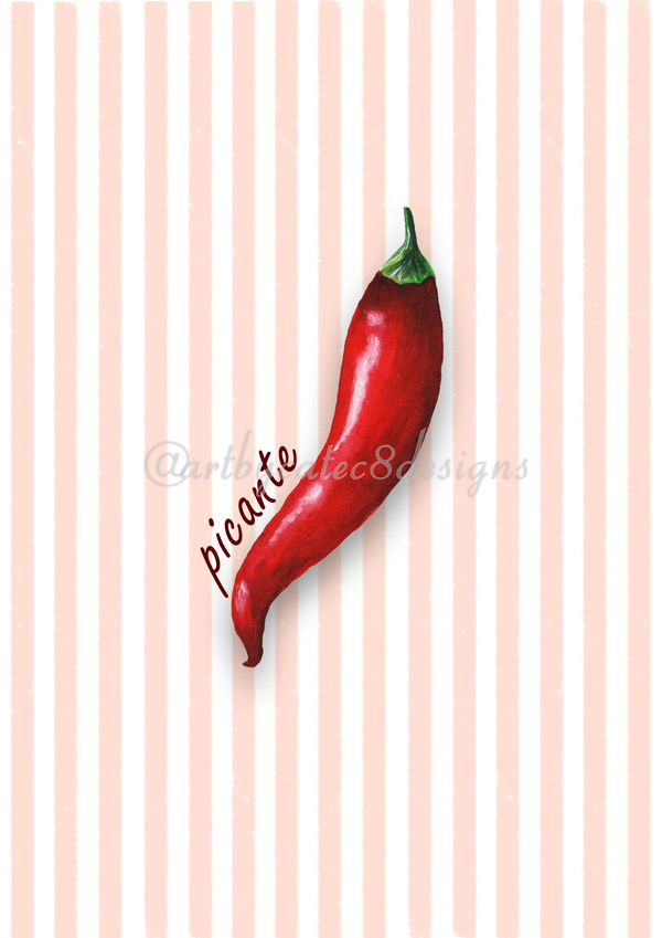 Watermarked - CHILLI Watercolour Art Print - Coral Stripe art print featuring a single red chili pepper on a background of vertical peach and white stripes, with the word 'picante' written in cursive next to it.