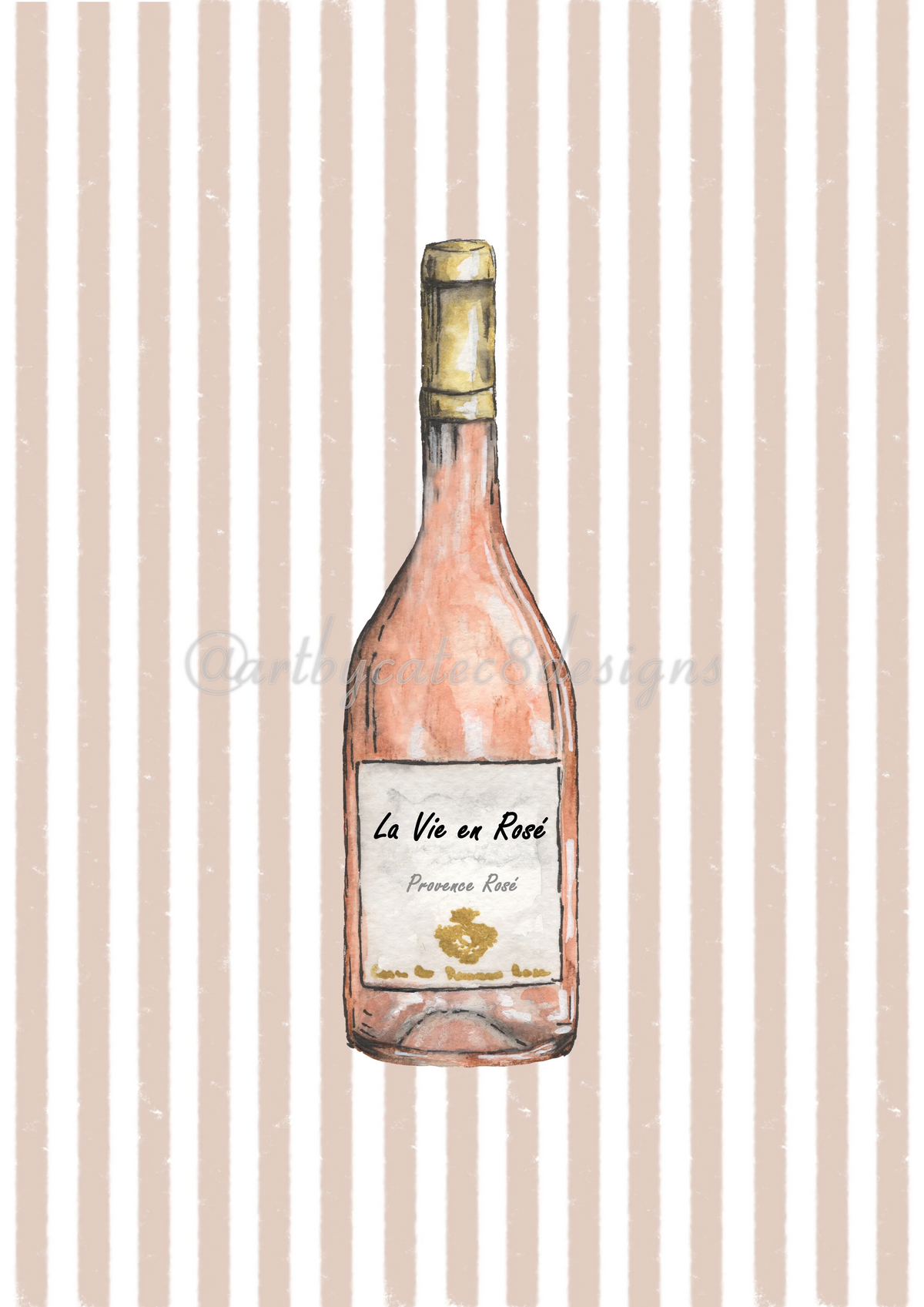 Watermarked - LA VIE EN ROSÉ Watercolour Art Print - Brown Stripe
A framed art print featuring a watercolour illustration of a pink wine bottle centered on a background of vertical beige and white stripes.