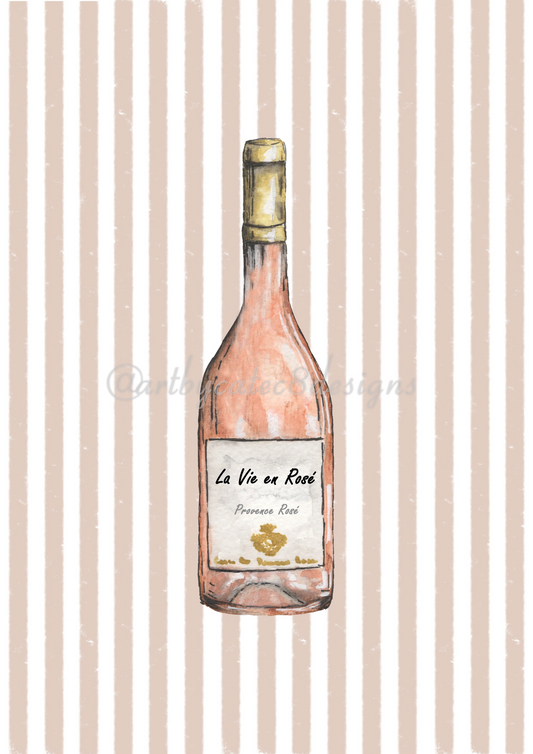 Watermarked - LA VIE EN ROSÉ Watercolour Art Print - Brown Stripe
A framed art print featuring a watercolour illustration of a pink wine bottle centered on a background of vertical beige and white stripes.