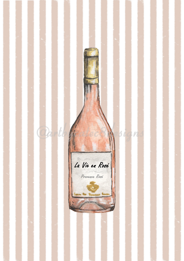 Watermarked - LA VIE EN ROSÉ Watercolour Art Print - Brown Stripe
A framed art print featuring a watercolour illustration of a pink wine bottle centered on a background of vertical beige and white stripes.