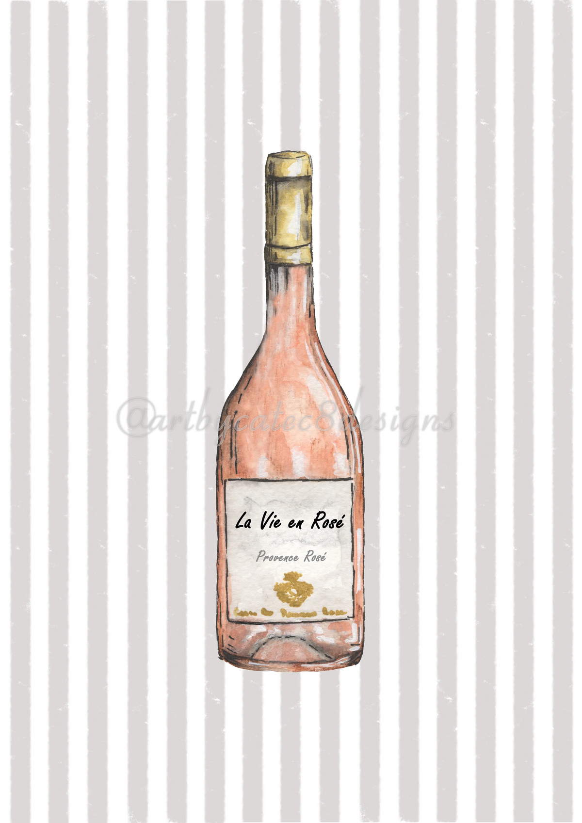 Watermarked - LA VIE EN ROSÉ Watercolour Art Print - Grey Stripe
Art print featuring a watercolor illustration of a pink wine bottle against a background of vertical gray and white stripes.