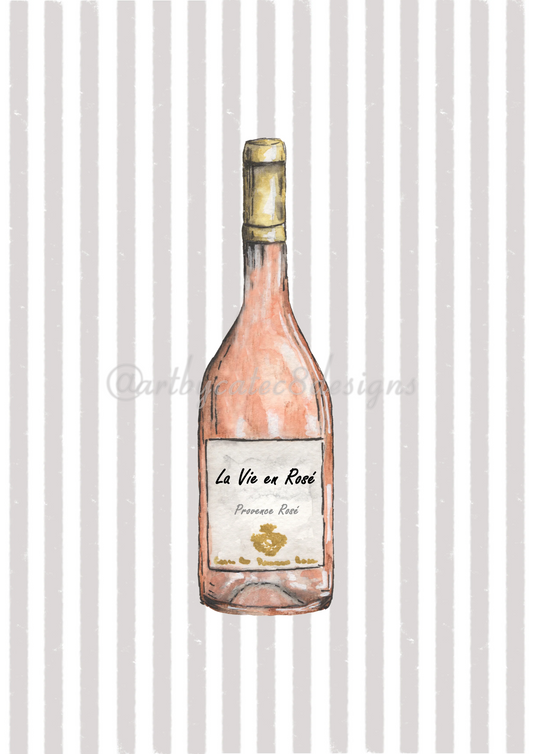 Watermarked - LA VIE EN ROSÉ Watercolour Art Print - Grey Stripe
Art print featuring a watercolor illustration of a pink wine bottle against a background of vertical gray and white stripes.