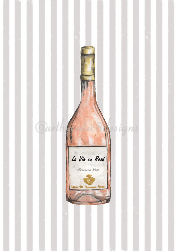 Watermarked - LA VIE EN ROSÉ Watercolour Art Print - Grey Stripe
Art print featuring a watercolor illustration of a pink wine bottle against a background of vertical gray and white stripes.