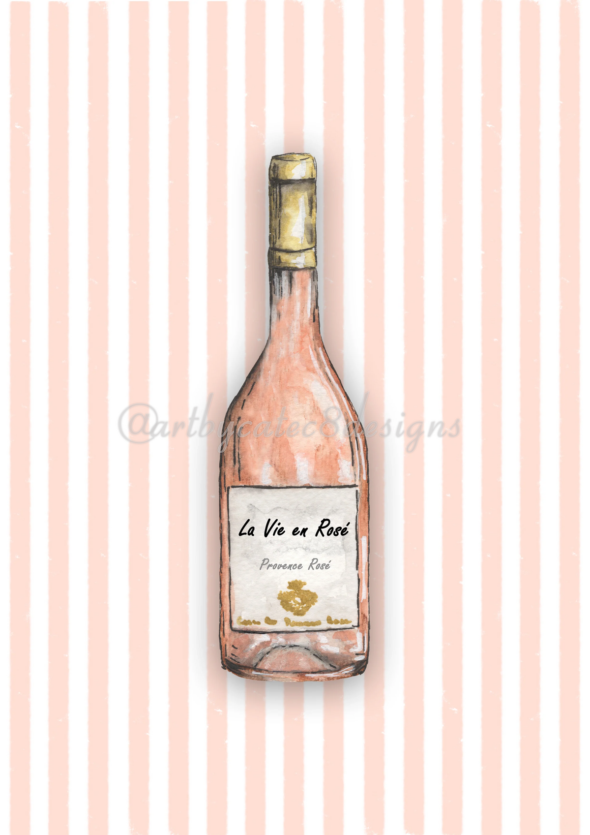 Watermarked - LA VIE EN ROSÉ Watercolour Art Print - Coral Stripe
art print featuring a watercolor illustration of a pink wine bottle centered on a background of vertical light coral and white stripes.