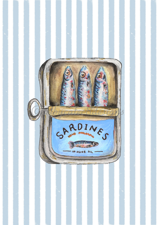 Watermarked - SARDINES Watercolour Art Print - Blue Stripe
art print featuring a vintage-style illustration of three sardines inside an open tin can labeled 'SARDINES', set against a background of light blue and white vertical stripes.
