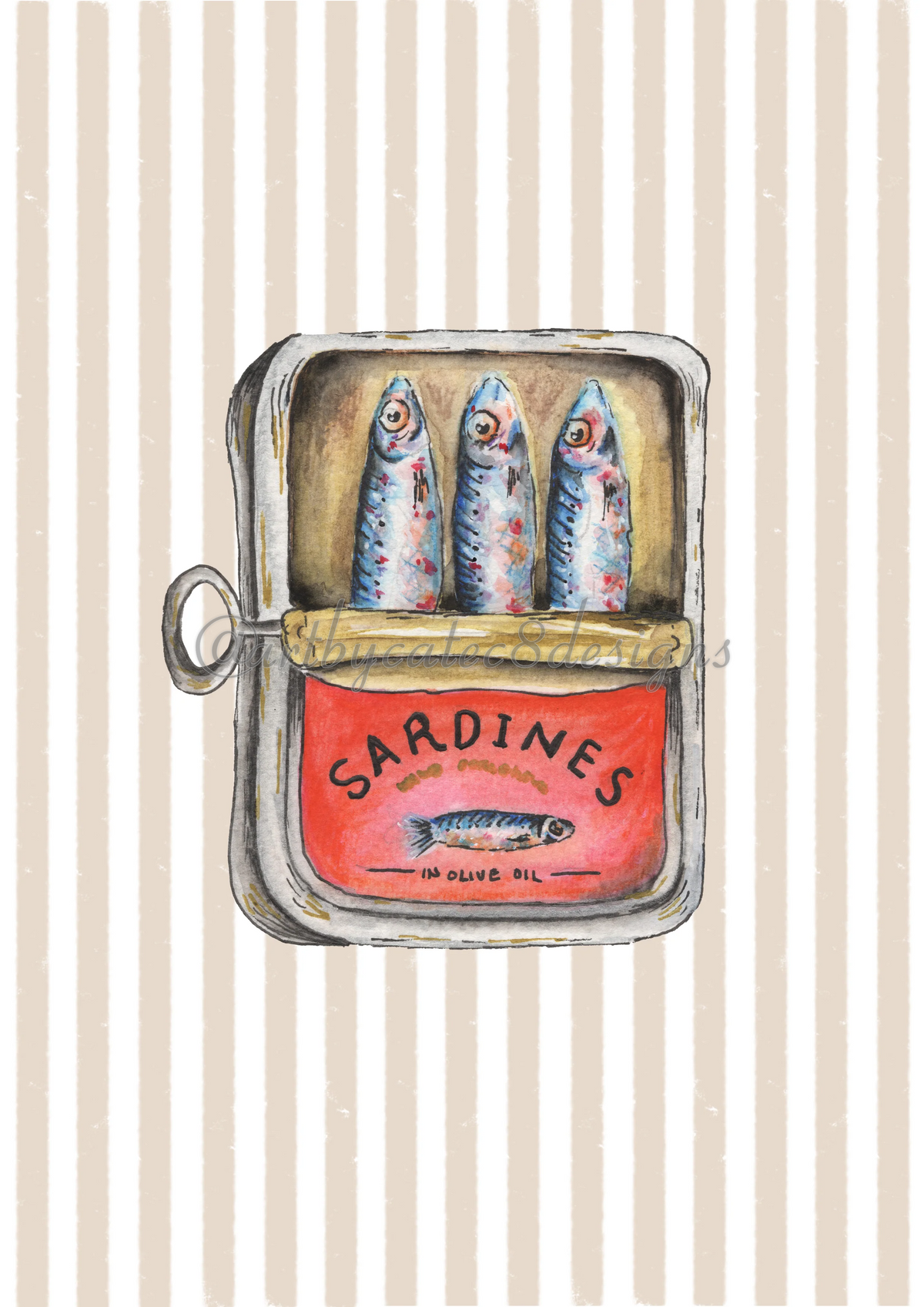 Watermarked - SARDINES Watercolour Art Print - Brown Stripe art print featuring a whimsical illustration of an open sardine tin with three sardines, set against a background of vertical beige and white stripes.