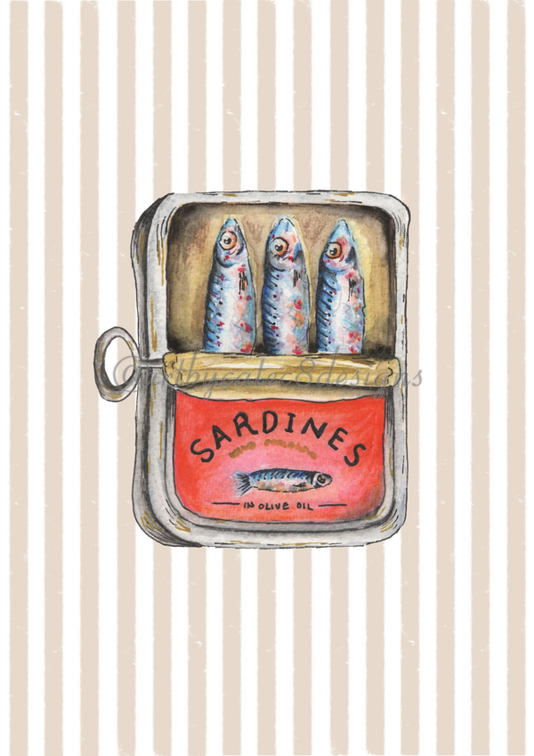 Watermarked - SARDINES Watercolour Art Print - Brown Stripe art print featuring a whimsical illustration of an open sardine tin with three sardines, set against a background of vertical beige and white stripes.
