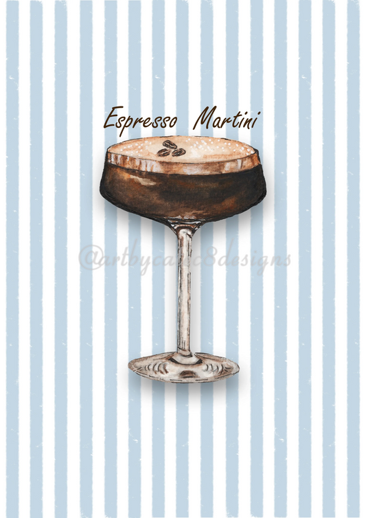 Watermarked - ESPRESSO MARTINI Watercolour Art Print - Blue Stripe
A watercolour illustration of an espresso martini in a coupe glass, centered on a light blue and white vertically striped background with the words 'Espresso Martini' above it.