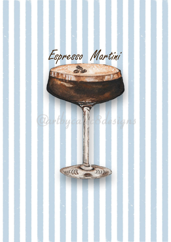Watermarked - ESPRESSO MARTINI Watercolour Art Print - Blue Stripe
A watercolour illustration of an espresso martini in a coupe glass, centered on a light blue and white vertically striped background with the words 'Espresso Martini' above it.