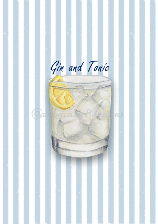 A Watermarked - GIN AND TONIC Watercolour Art Print - Blue Stripe
A watercolour illustration of a gin and tonic cocktail in a clear rocks glass with ice cubes and a lemon slice, centered on a light blue and white vertically striped background. The words 'Gin and Tonic' appear above the glass.