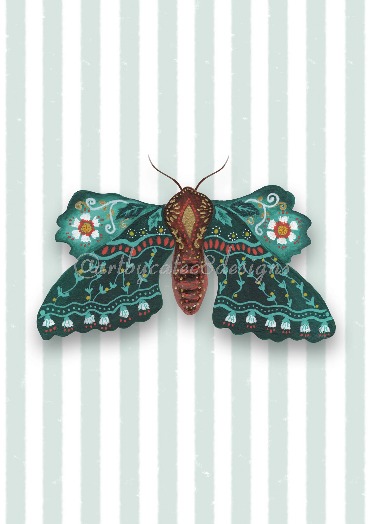 Watermarked - MOTH Watercolour Art Print - Green Stripe
A decorative painted moth shown against a pale green striped background. The moth has teal and dark green wings with white flowers, red and yellow details, and a reddish-brown body with golden highlights.