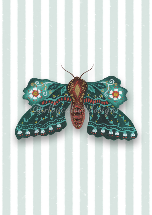 Watermarked - MOTH Watercolour Art Print - Green Stripe
A decorative painted moth shown against a pale green striped background. The moth has teal and dark green wings with white flowers, red and yellow details, and a reddish-brown body with golden highlights.