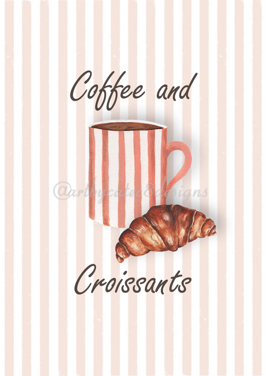 Watermarked - COFFEE AND CROISSANTS Watercolour Art Print - Pink Stripe
A coffee-themed graphic with the words 'Coffee and Croissants' on a white background with vertical pale pink stripes. In the center is a pink-and-white striped mug with coffee inside and a croissant resting in front.