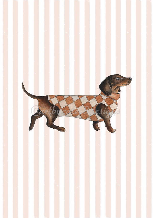 Watermarked - DACHSHUND ARGYLE JUMPER Watercolour Art Print - Pink Stripe
A watercolour illustration of a dachshund wearing a brown and cream argyle sweater, set against a background of vertical cream and light pink stripes.