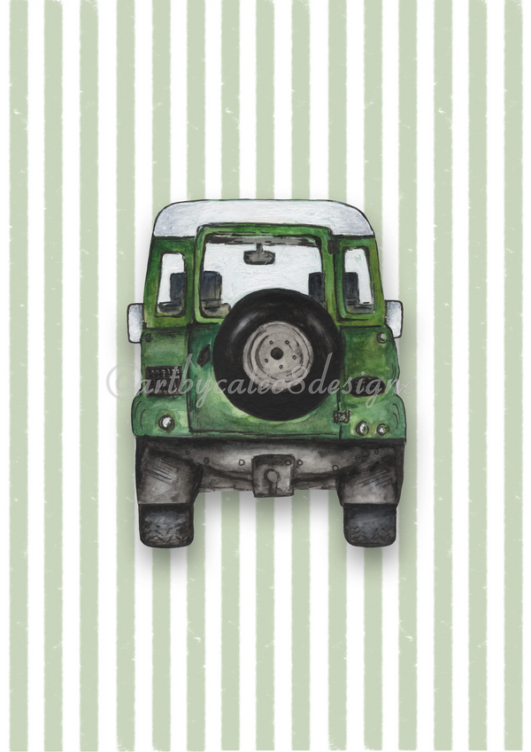 A Watermarked - Land Rover Defender Watercolour Art Print - Sage Green Stripe
A stylized illustration of the back of a green vintage jeep or utility vehicle centered on a white and pale green vertically striped background.