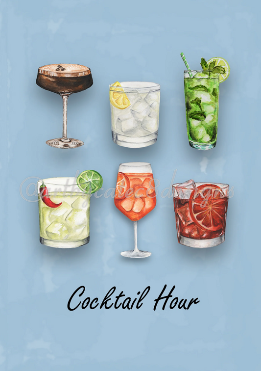 Watermarked - COCKTAIL HOUR Watercolour Art Print - Blue Home Bar Wall Art
Watercolor-style illustration of six cocktails arranged on a light blue background, with the text 'Cocktail Hour' below.