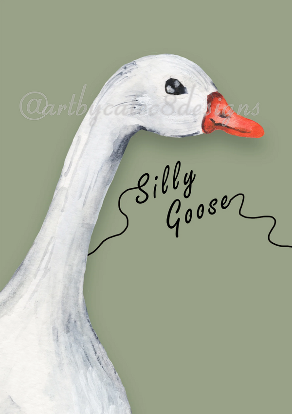 Watermarked - SILLY GOOSE Watercolour Art Print - Green Goose Wall Art