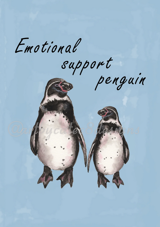 Watermarked - EMOTIONAL SUPPORT PENGUIN Watercolour Art Print - Blue Penguin Wall Art
A watercolour illustration of two penguins on a light blue background with the words 'Emotional support penguin' in black script. 