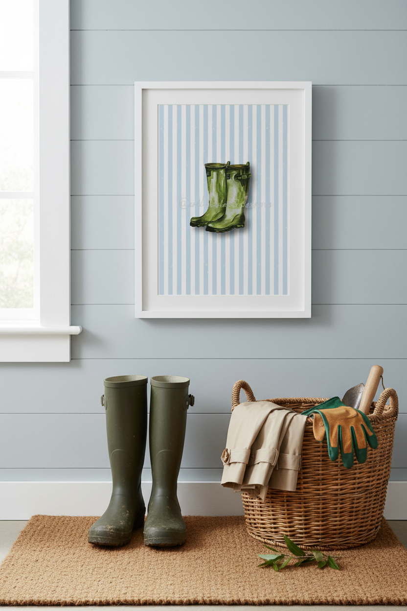 A framed art print featuring a green rain boot on a light blue and white striped background, hung on a light blue paneled wall above a pair of green rain boots, a wicker basket with gardening tools, and a beige jacket