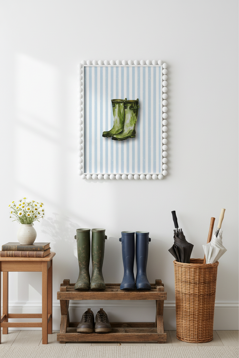 A framed art print featuring a green rubber boot on a light blue and white striped background, styled in a bright entryway above a wooden bench with more boots and a wicker umbrella stand.