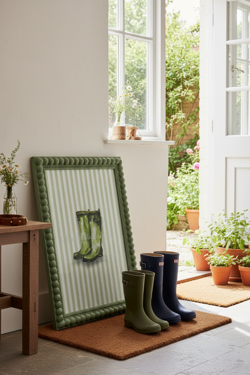 A framed art print with green rain boots on a white striped background, leaning against a wall in a bright entryway next to a wooden table and a pair of green and navy rubber boots on a brown doormat.