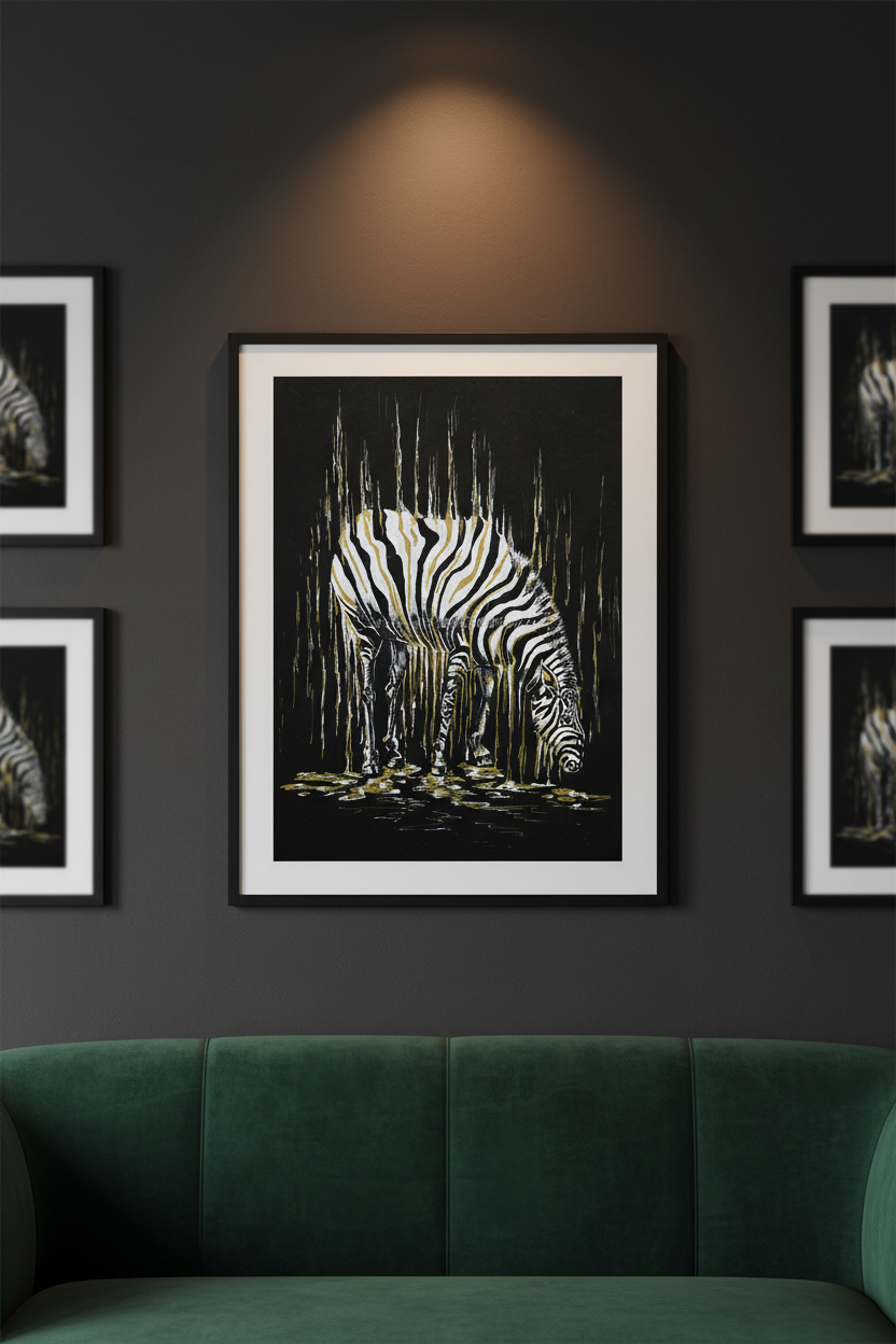 A framed art print of a zebra in a dark, stylized room setting above a green velvet sofa. The print features a black and white zebra against a dark background with vertical brushstrokes, framed in black with a white mat.