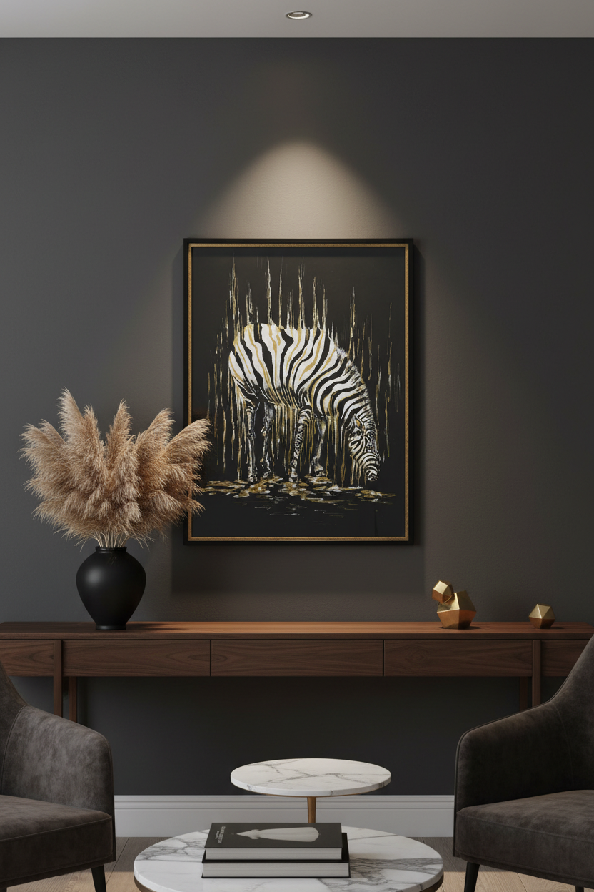 A framed black and white zebra painting hanging on a dark gray wall above a wooden console table in a modern living room setting.