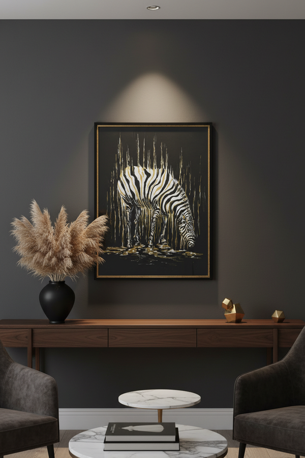 A framed black and white zebra painting hanging on a dark gray wall above a wooden console table in a modern living room setting.